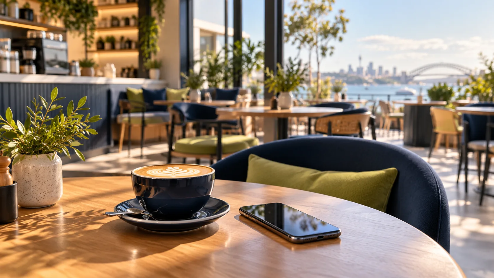 Illustration of a café with coffee and phone